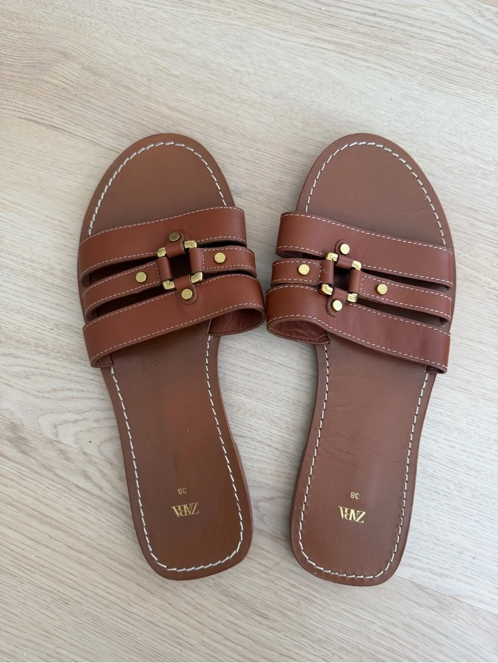 Zara Tan Leather Slide Sandals with Gold Studs - Picture 2 of 3